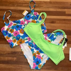 California Waves 3 piece bikini set, floral / green Small